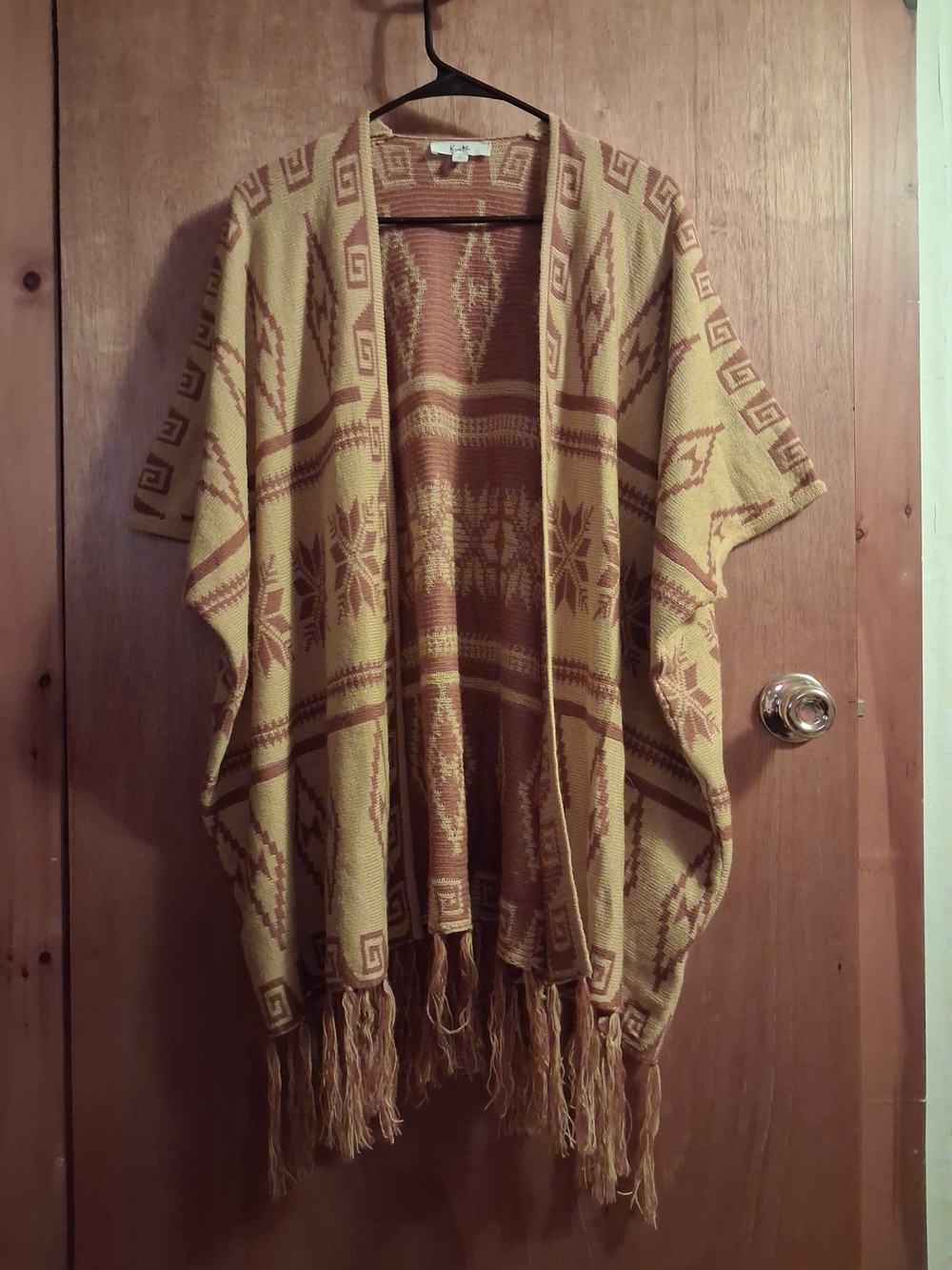 Fringed Knit Poncho Wrap in Mustard and Rust
